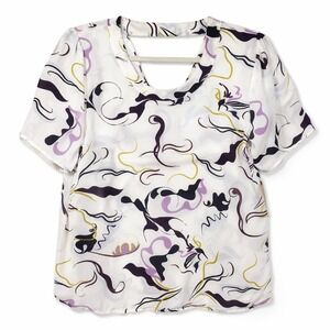 Halogen Abstract Swirl Print Blouse Top Women M White Cutout Back Nordstrom NEW